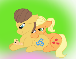 Size: 730x569 | Tagged: artist needed, source needed, safe, applejack, caramel, earth pony, pony, g4, female, male, offspring, parent:applejack, parent:caramel, parents:carajack, ship:carajack, shipping, straight