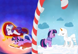 Size: 2360x1640 | Tagged: safe, artist:rayelli, rarity, twilight sparkle, pony, unicorn, g4, blushing, book, clothes, female, floppy ears, lesbian, lying down, magic, mare, scarf, ship:rarilight, shipping, show accurate, snow, unicorn twilight, winter