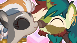 Size: 872x486 | Tagged: safe, artist:kichimina, oc, oc only, earth pony, pony, unicorn, animated, beard, braid, colored, commission, couple, cute, ear piercing, earring, earth pony oc, eyebrows, eyelashes, eyes closed, facial hair, female, gif, heart, horn, jewelry, long hair, looking at each other, looking at someone, loop, male, mare, multicolored hair, nose wrinkle, perfect loop, piercing, pigtails, shipping, show accurate, signature, simple background, smiling, stallion, unicorn oc, vector, ych result