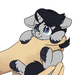 Size: 2197x2223 | Tagged: safe, artist:rokosmith26, oc, oc only, oc:neil davidson, alicorn, pony, alicorn oc, blue eyes, cheek fluff, commission, cute, ear fluff, floppy ears, grumpy, hand, high res, holding, holding a pony, hooves, horn, light skin, looking up, male, simple background, size difference, smol, solo, stallion, tail, tiny, tiny ponies, transparent background, wings, ych result