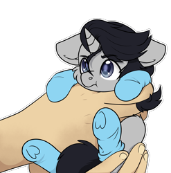 Size: 2197x2223 | Tagged: safe, artist:rokosmith26, oc, oc only, oc:neil davidson, alicorn, pony, alicorn oc, blue eyes, cheek fluff, clothes, commission, cute, ear fluff, floppy ears, grumpy, hand, high res, holding, holding a pony, hooves, horn, light skin, looking up, male, simple background, size difference, smol, socks, solo, stallion, tail, tiny, tiny ponies, transparent background, wings, ych result