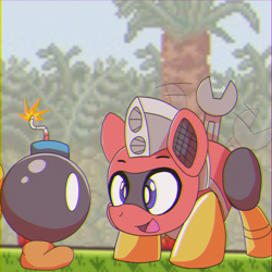 Size: 3000x3000 | Tagged: safe, artist:trackheadtherobopony, oc, oc:trackhead, bob-omb, pony, robot, robot pony, high res, super mario bros., super mario bros. 2, tail, tail wag, this will end in death, this will end in explosions, this will end in tears, this will end in tears and/or death