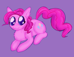Size: 544x416 | Tagged: safe, artist:acura, pinkie pie, earth pony, pony, g4, :3, ear fluff, female, fluffy, lying down, mare, pink mane, purple background, simple background, solo