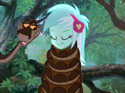 Size: 1015x756 | Tagged: safe, artist:tyriuskishayinew16, lyra heartstrings, human, snake, equestria girls, g4, coils, eyes closed, female, flower, flower in hair, grin, humanized, hypnosis, hypnotized, kaa, male, sleeping, smiling, wrapped up