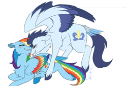 Size: 734x496 | Tagged: artist needed, source needed, safe, rainbow dash, soarin', pegasus, pony, g4, female, male, ship:soarindash, shipping, simple background, straight, white background