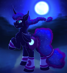 Size: 2245x2450 | Tagged: safe, artist:gosha305, nightmare moon, alicorn, pony, g4, alternate hairstyle, bat wings, braid, butt, chest fluff, curved horn, cute, ear fluff, ethereal mane, fangs, female, fluffy, folded wings, full body, galaxy mane, hairband, headband, high res, horn, jogging, looking away, looking sideways, mare, missing accessory, moon, moonlight, nicemare moon, night, night sky, plot, scrunchie, sky, slit pupils, smiling, solo, stars, sweatband, wings, wristband