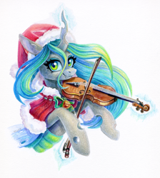 Size: 1076x1200 | Tagged: safe, artist:maytee, queen chrysalis, changeling, changeling queen, g4, bow (instrument), christmas, clothes, commission, costume, hat, holiday, musical instrument, santa costume, santa hat, simple background, smiling, solo, traditional art, violin, white background