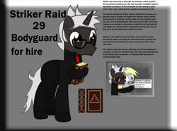 Size: 3000x2230 | Tagged: safe, artist:cardshark777, derpy hooves, oc, oc:striker raid, pegasus, unicorn, g4, backstory, black suit, bodyguard, bondage, book, clothes, cuddling, dialogue, female, gag, glasses, high res, holding, hoof hold, hoof shoes, horn, hug, looking at you, male, mare, necktie, reference sheet, shading, shoes, smiling, speech, stallion, standing, suit, talking, tape, tape bondage, tape gag, text, unicorn oc