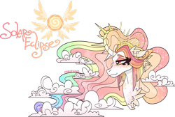 Size: 1920x1294 | Tagged: safe, artist:mrufka69, oc, oc only, oc:solar eclipse, alicorn, pony, alicorn oc, bust, chest fluff, closed mouth, cloud mane, colored pinnae, crown, curved horn, ear fluff, ethereal mane, eyeshadow, female, freckles, gradient horn, gradient mane, horn, jewelry, lidded eyes, makeup, mare, portrait, regalia, simple background, smiling, solo, sparkly mane, spiked horn, transparent background, turned head, wings