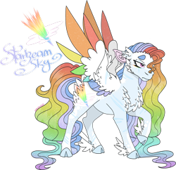Size: 1920x1856 | Tagged: safe, artist:mrufka69, oc, oc only, oc:starbeam sky, pegasus, pony, ankle wings, butt fluff, chest fluff, closed mouth, cloven hooves, colored hooves, colored pinnae, colored wings, ear fluff, facial scar, female, frown, gradient mane, gradient tail, leg scar, mare, multicolored hair, multicolored wings, purple eyes, rainbow hair, rainbow wings, raised hoof, scar, scarred, shoulder fluff, simple background, solo, sparkly mane, sparkly tail, sparkly wings, spread wings, standing, tail, transparent background, wing scar, wings