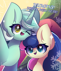 Size: 2300x2650 | Tagged: safe, artist:miryelis, bon bon, lyra heartstrings, sweetie drops, earth pony, pony, unicorn, g4, big ears, cute, female, happy new year, happy new year 2024, heart, heart eyes, high res, holiday, looking at you, mare, one eye closed, smiling, text, wingding eyes