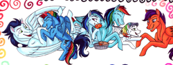 Size: 1786x677 | Tagged: artist needed, source needed, safe, edit, rainbow dash, scootaloo, soarin', pegasus, pony, g4, cropped, female, male, offspring, parent:rainbow dash, parent:soarin', parents:soarindash, ship:soarindash, shipping, straight