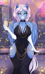 Size: 1872x3100 | Tagged: safe, artist:munrei, oc, oc only, oc:icy heart, pegasus, anthro, absolute cleavage, alcohol, bedroom eyes, blue eyes, breasts, city, cleavage, clothes, commission, dress, drink, female, fireworks, fishtail dress meme, looking at you, meme, solo, wingding eyes, wings
