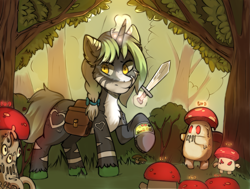 Size: 2113x1599 | Tagged: safe, artist:freak-side, oc, oc only, pony, unicorn, bag, forest, magic, mushroom, nature, saddle bag, solo, sword, telekinesis, tree, weapon