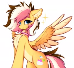 Size: 2215x2048 | Tagged: safe, artist:lerk, oc, oc only, oc:neapolitan sunrise, pegasus, pony, blushing, chest fluff, collar, commission, countershading, ear fluff, female, halfbody, high res, looking at you, mare, pale belly, pegasus oc, simple background, smiling, smiling at you, solo, sparkles, spread wings, tail, white background, wings