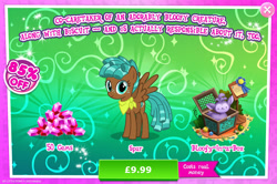 Size: 1962x1300 | Tagged: safe, gameloft, bloofy, spur, pegasus, pony, g4, my little pony: magic princess, official, advertisement, apple, ball, bush, costs real money, english, female, filly, foal, food, freckles, gem, introduction card, mobile game, neckerchief, numbers, sale, solo, spread wings, text, wings