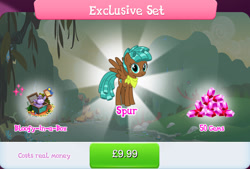 Size: 1268x857 | Tagged: safe, gameloft, bloofy, spur, pegasus, pony, g4, my little pony: magic princess, official, apple, ball, bundle, bush, costs real money, english, exclusive set, female, filly, foal, food, freckles, gem, mobile game, neckerchief, numbers, sale, solo, spread wings, text, wings