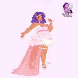 Size: 2048x2048 | Tagged: safe, artist:cryweas, pipp petals, human, pegasus, pony, g5, adipipp, anklet, bracelet, choker, chubby, clothes, crown, dress, eyeshadow, fat, feet, female, grin, high heels, high res, humanized, jewelry, lipstick, makeup, mare, microphone, nail polish, one eye closed, regalia, sandals, see-through, shoes, signature, skirt, smiling, solo, sweat, sweatdrop, tan lines, tan skin, tattoo, wink