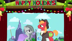 Size: 2063x1160 | Tagged: safe, artist:cartoonlover826, artist:not-yet-a-brony, artist:sonofaskywalker, big macintosh, marble pie, earth pony, g4, 2023, bittersweet, christmas, clothes, december, decoration, dress, duet, duo, female, friends, friendship, happy holidays, hearth's warming, heartwarming, holiday, honorary cousin, i wish you love, implied sugarmac, just friends, looking at each other, looking at someone, lyrics in the description, male, mare, microphone, microphone stand, not shipping, performance, platonic, ship sinking, shirt, singing, smiling, smiling at each other, song in the description, stage, stallion, youtube link in the description