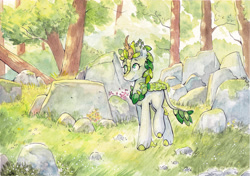 Size: 5990x4222 | Tagged: safe, artist:lightisanasshole, oc, oc only, oc:mossy stone, kirin, pony, absurd resolution, day, flower, forest, grass, kirin oc, leaf mane, light, looking away, looking up, nature, outdoors, scenery, smiling, solo, stone, traditional art, tree, tree branch, watercolor painting