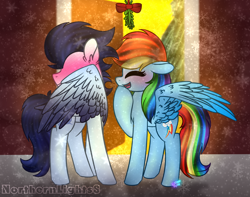 Size: 1024x808 | Tagged: source needed, safe, artist:northlights8, part of a set, rainbow dash, soarin', pegasus, pony, g4, blushing, blushing profusely, embarrassed, female, male, mistletoe, ship:soarindash, shipping, straight