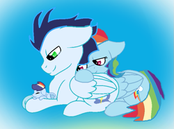 Size: 695x516 | Tagged: artist needed, oc name needed, source needed, safe, rainbow dash, soarin', oc, pegasus, pony, g4, baby, baby pony, female, male, offspring, parent:rainbow dash, parent:soarin', parents:soarindash, ship:soarindash, shipping, straight