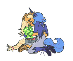 Size: 854x718 | Tagged: safe, applejack, princess luna, alicorn, earth pony, anthro, g4, applejack's hat, boots, braid, braided tail, clothes, cowboy hat, dress, eyes closed, female, freckles, hat, high heels, holding each other, hug, jacket, lesbian, mare, open mouth, open smile, s1 luna, ship:lunajack, shipping, shirt, shoes, shorts, simple background, smiling, sparkly dress, tail, white background, wings