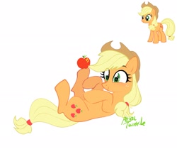 Size: 2048x1723 | Tagged: safe, artist:petaltwinkle, applejack, earth pony, pony, g4, apple, cute, female, food, jackabetes, lying down, mare, on back, signature, simple background, smiling, solo, white background