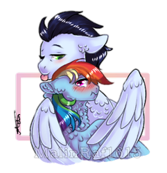 Size: 323x335 | Tagged: source needed, safe, artist:malinraf1615, edit, rainbow dash, soarin', pegasus, pony, g4, blushing, cropped, ear fluff, female, floppy ears, hug, male, mare, neck fluff, one eye closed, ship:soarindash, shipping, signature, simple background, stallion, straight, tongue out, watermark, white background