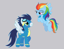 Size: 828x639 | Tagged: safe, artist:nightglowfan, rainbow dash, soarin', pegasus, pony, g4, female, gray background, male, mare, ship:soarindash, shipping, simple background, stallion, straight