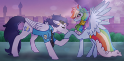 Size: 1567x771 | Tagged: safe, artist:monnarcha, edit, rainbow dash, soarin', pegasus, pony, g4, concave belly, cropped, duo, female, folded wings, height difference, male, mare, ship:soarindash, shipping, slender, spread wings, stallion, straight, thin, wings