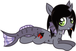 Size: 1344x896 | Tagged: safe, artist:lightningbolt, derpibooru exclusive, half-siren, hybrid, pony, .svg available, curved horn, eyeliner, fangs, fins, fish tail, happy, horn, jewelry, kellin quinn, looking at you, makeup, male, necklace, ponified, scales, show accurate, simple background, sleeping with sirens, slit pupils, smiling, solo, svg, tail, tongue out, transparent background, vector