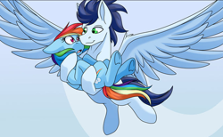 Size: 678x418 | Tagged: safe, artist:calamity-studios, rainbow dash, soarin', pegasus, pony, g4, female, male, ship:soarindash, shipping, straight