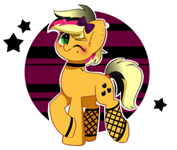 Size: 3651x3112 | Tagged: safe, artist:kittyrosie, part of a set, applejack, earth pony, pony, g4, abstract background, alternate hairstyle, bow, bracelet, choker, cute, ear piercing, earring, eyebrow piercing, eyeshadow, female, fishnet stockings, goth, hair bow, high res, jackabetes, jewelry, kittyrosie is trying to murder us, lip piercing, looking at you, makeup, mare, multicolored hair, necklace, one eye closed, piercing, raised hoof, smiling, smiling at you, snake bites, solo, stars, tattoo, wink, wristband