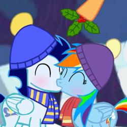 Size: 1100x1098 | Tagged: artist needed, source needed, safe, rainbow dash, scootaloo, soarin', pegasus, pony, g4, clothes, cute, dashabetes, duo focus, female, heartwarming, holly, holly mistaken for mistletoe, male, mare, offscreen character, scarf, ship:soarindash, shipping, stallion, straight, striped scarf