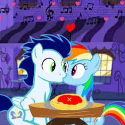 Size: 603x605 | Tagged: artist needed, source needed, safe, rainbow dash, soarin', pegasus, pony, g4, cute, dashabetes, female, food, heartwarming, lady and the tramp, male, pasta, ship:soarindash, shipping, spaghetti, straight