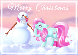 Size: 2480x1748 | Tagged: safe, artist:sweetpea-and-friends, minty, earth pony, pony, a very minty christmas, g3, christmas, eyebrows, holiday, merry christmas, raised eyebrow, snow, snowman, solo, winter