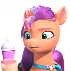 Size: 800x800 | Tagged: safe, edit, edited screencap, editor:dracoawesomeness, screencap, sunny starscout, earth pony, pony, g5, my little pony: make your mark, my little pony: make your mark chapter 2, the cutie mark mix-up, spoiler:g5, spoiler:my little pony: make your mark, background removed, bag, drink, female, fluttershy's cutie mark, gritted teeth, looking at something, mane stripe sunny, not a vector, rainbow dash's cutie mark, saddle bag, simple background, solo, teeth, transparent background, twilight sparkle's cutie mark