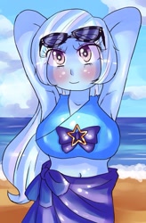 Size: 625x955 | Tagged: safe, artist:araiiara123, trixie, equestria girls, g4, arm behind head, armpits, beach, belly button, big breasts, blushing, breasts, busty trixie, clothes, eye clipping through hair, female, sarong, solo, sunglasses, swimsuit