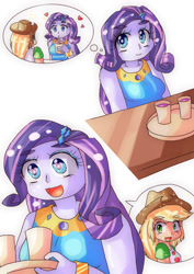 Size: 724x1023 | Tagged: safe, artist:araiiara123, applejack, rarity, human, equestria girls, g4, applejack's hat, clothes, cowboy hat, drink, female, hat, heart, lesbian, open mouth, open smile, ship:rarijack, shipping, smiling, thought bubble, tray