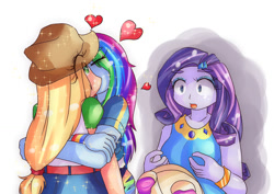 Size: 1023x724 | Tagged: safe, artist:araiiara123, applejack, rainbow dash, rarity, human, equestria girls, g4, my little pony equestria girls: better together, applejack's hat, clothes, cowboy hat, drink, female, hat, heart, kissing, lesbian, ship:appledash, shipping, tray, trio, trio female