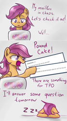 Size: 1280x2306 | Tagged: safe, nurse redheart, scootaloo, pony, tumblr:ask-adultscootaloo, g4, computer, laptop computer, older, onomatopoeia, sleeping, solo, sound effects, zzz