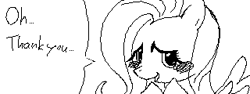 Size: 320x120 | Tagged: safe, artist:kaikidqx, fluttershy, pegasus, pony, g4, black and white, blushing, dialogue, empty eyes, female, grayscale, mare, miiverse, monochrome, name, no nose, oekaki, open mouth, open smile, simple background, smiling, solo, speech bubble, talking, talking to viewer, white background