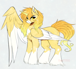 Size: 1660x1528 | Tagged: safe, artist:krissstudios, oc, oc only, alicorn, pony, coat markings, colored wings, concave belly, folded wings, hoof fluff, large wings, leg fluff, male, one wing out, socks (coat markings), solo, stallion, two toned wings, unshorn fetlocks, wing gesture, wings
