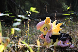 Size: 1097x728 | Tagged: safe, artist:mgrdash, fluttershy, bat pony, pony, g4, bat ponified, flutterbat, forest, irl, nature, photo, plushie, ponies in real life, race swap, solo, spider web, tree