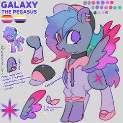 Size: 4096x4096 | Tagged: safe, artist:metaruscarlet, oc, oc:galaxy (pegasus), pegasus, pony, pony town, baseball cap, bow, cap, choker, clothes, color palette, colored eartips, colored wings, ear piercing, earring, gradient mane, gradient tail, gradient wings, gray background, hat, heterochromia, hoodie, jewelry, lesbian pride flag, multicolored wings, nonbinary, nonbinary lesbian, nonbinary pride flag, open mouth, open smile, pegasus oc, piercing, pink eyes, pride, pride flag, pronouns, purple eyes, reference sheet, ribbon, shoes, simple background, smiling, socks, spread wings, standing, tail, tail bow, wings
