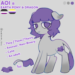 Size: 4096x4096 | Tagged: safe, artist:metaruscarlet, oc, oc only, oc:aoi (dracony), dracony, dragon, hybrid, pony, asexual pride flag, colored eartips, cute, cute little fangs, dracony oc, dragon tail, ears back, fangs, floppy ears, genderless, gradient legs, gray background, japanese, kanji, leonine tail, nonbinary, nonbinary pride flag, not maud pie, pride, pride flag, pronouns, purple eyes, reference sheet, simple background, standing, tail