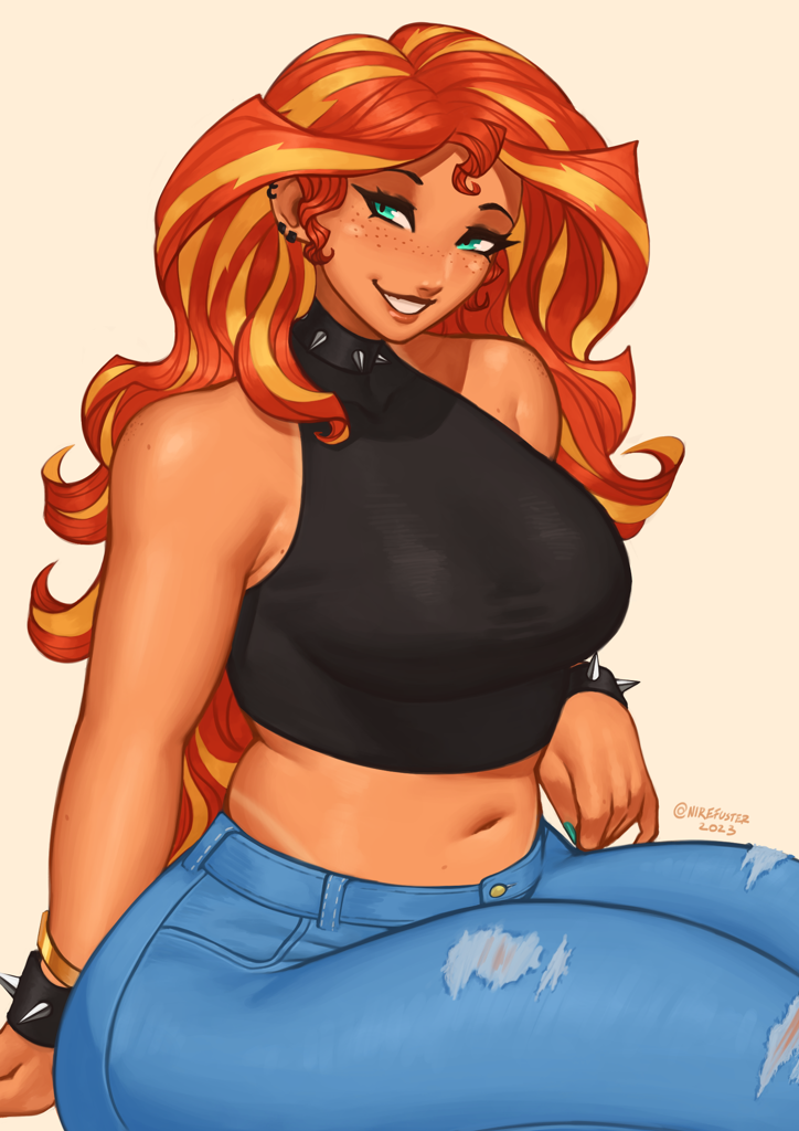[belly button,bracelet,breasts,choker,clothes,earring,equestria girls,eyeshadow,freckles,g4,human,jeans,jewelry,looking at you,makeup,nail polish,pants,piercing,safe,sitting,tan lines,tanned,torn clothes,denim,sunset shimmer,ear piercing,smiling,wristband,bare shoulders,smiling at you,spiked choker,spiked wristband,busty sunset shimmer,artist:nire,peppered bacon]