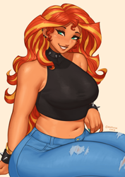 Size: 1754x2480 | Tagged: safe, artist:nire, sunset shimmer, human, equestria girls, g4, bare shoulders, belly button, bracelet, breasts, busty sunset shimmer, choker, clothes, denim, ear piercing, earring, eyeshadow, freckles, jeans, jewelry, looking at you, makeup, nail polish, pants, peppered bacon, piercing, sitting, smiling, smiling at you, spiked choker, spiked wristband, tan lines, tanned, torn clothes, wristband