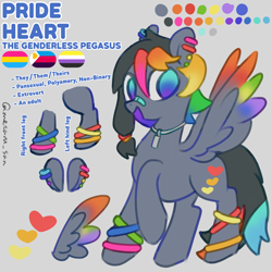 Size: 4096x4096 | Tagged: safe, artist:metaruscarlet, oc, oc:pride heart, pegasus, pony, anklet, bandaid, bandaid on nose, bracelet, color palette, colored wings, dog tags, ear piercing, earring, genderless, gradient eyes, gradient hair, gray background, jewelry, leg band, multicolored eyes, multicolored hair, multicolored wings, necklace, nonbinary, nonbinary pride flag, open mouth, open smile, pansexual pride flag, pegasus oc, piercing, polyamory pride flag, pride, pride flag, pronouns, rainbow hair, rainbow wings, raised hoof, reference sheet, simple background, smiling, solo, spread wings, standing, wings, wristband
